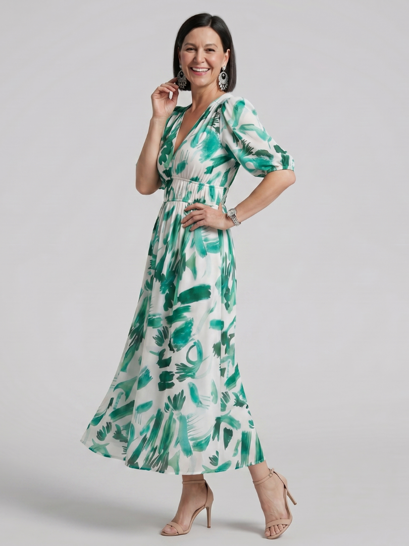 Candlia | Vestido midi estampado abstracto con mangas abullonadas y escote en V