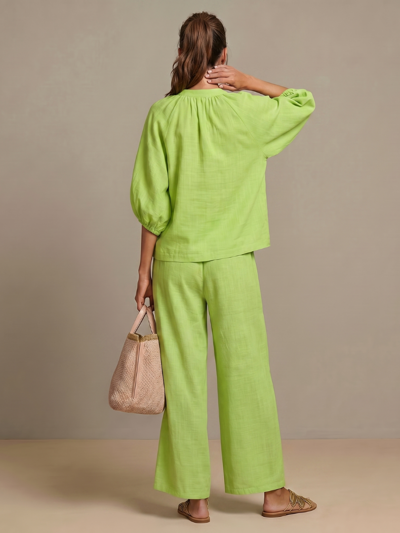 Natalia | Top blusón con cremallera frontal y conjunto de pantalón de pierna ancha