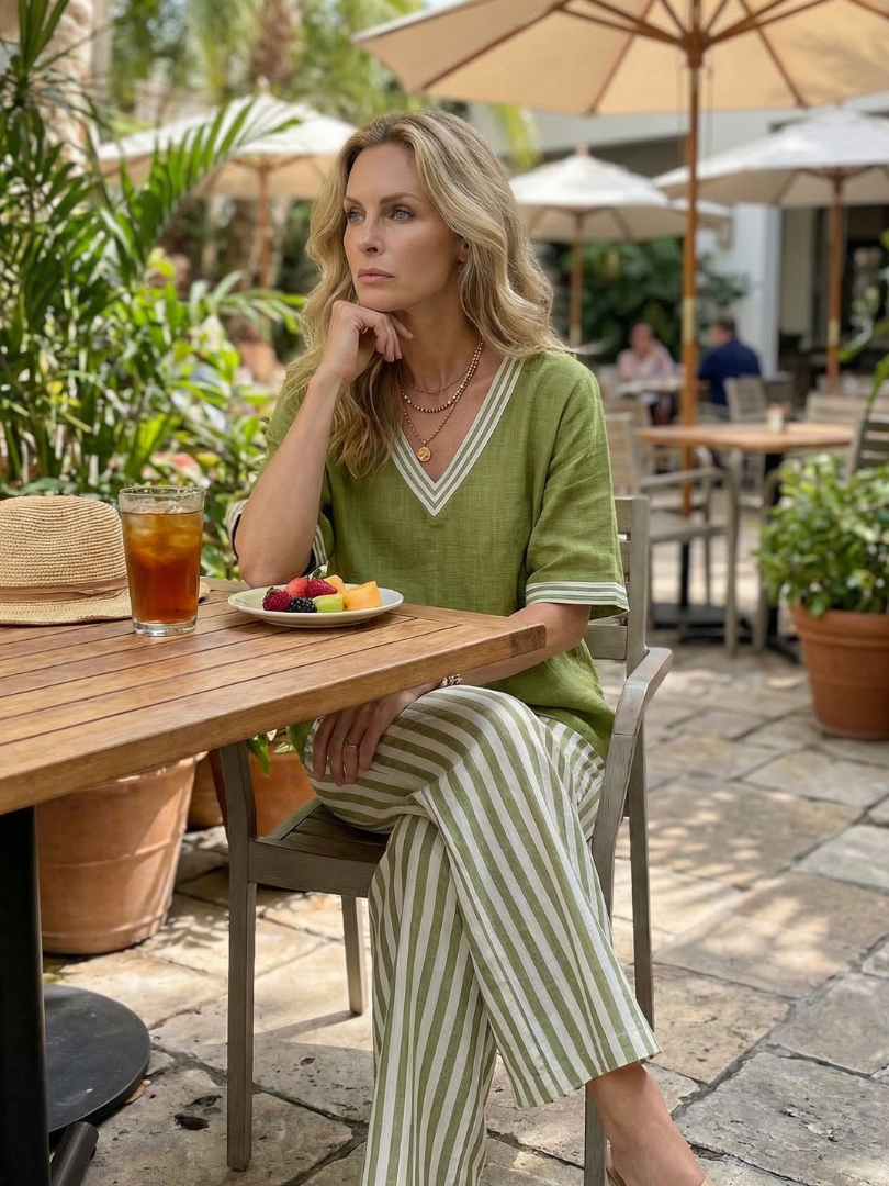 Wren | Conjunto de túnica con cuello en V de contraste y pantalón a rayas