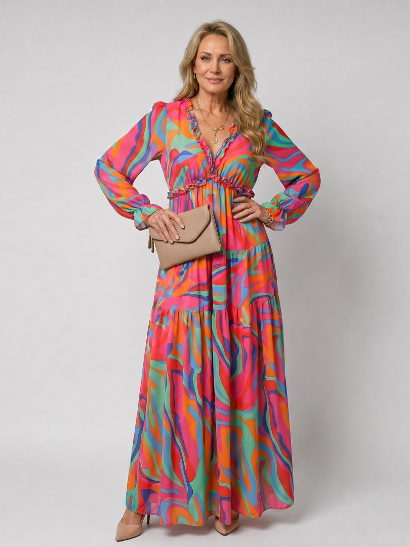 Camelo | Vestido maxi de manga larga con estampado floral en capas