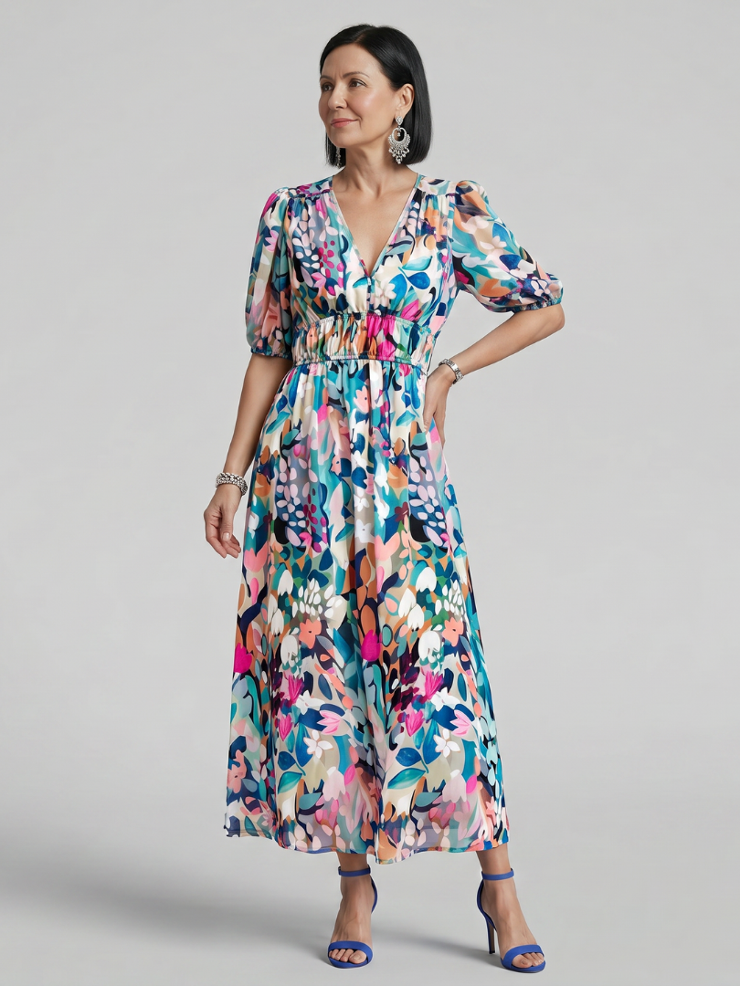 Candlia | Vestido midi estampado abstracto con mangas abullonadas y escote en V