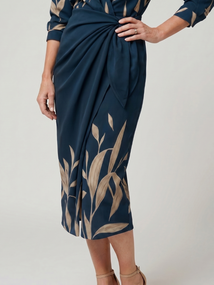 Leya | Vestido midi cruzado de manga larga con cuello y patrón de rayas