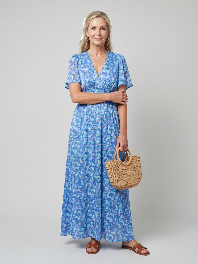 Juna | Vestido midi de manga corta con estampado floral diminuto