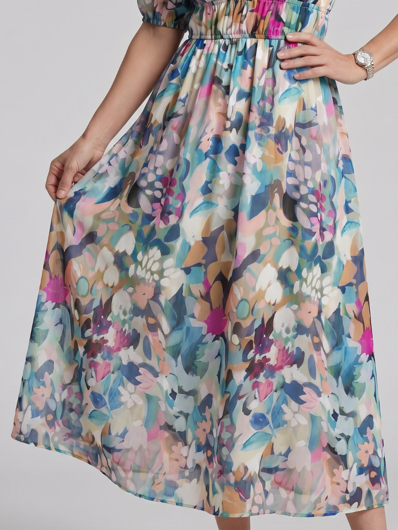Candlia | Vestido midi estampado abstracto con mangas abullonadas y escote en V