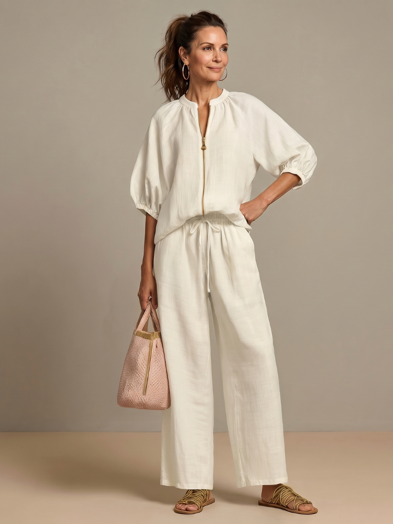 Natalia | Top blusón con cremallera frontal y conjunto de pantalón de pierna ancha