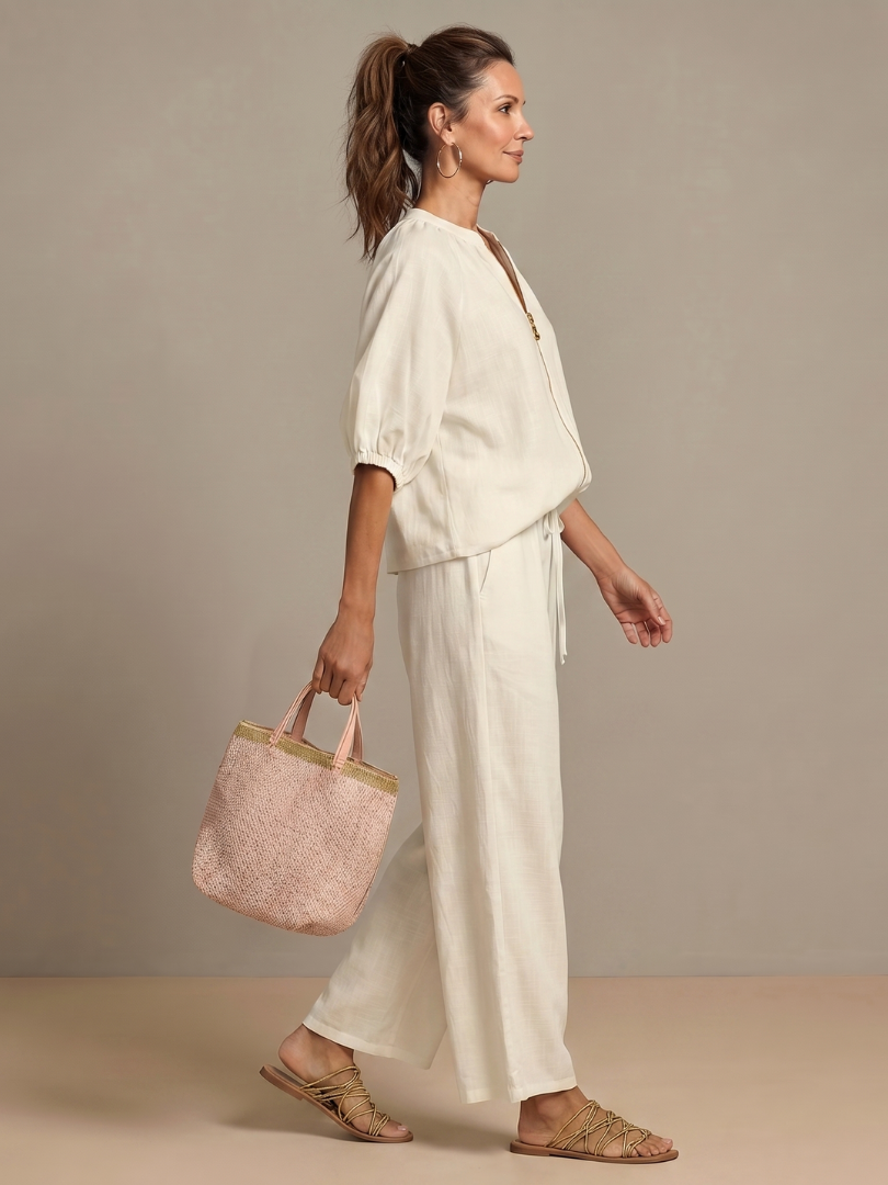 Natalia | Top blusón con cremallera frontal y conjunto de pantalón de pierna ancha