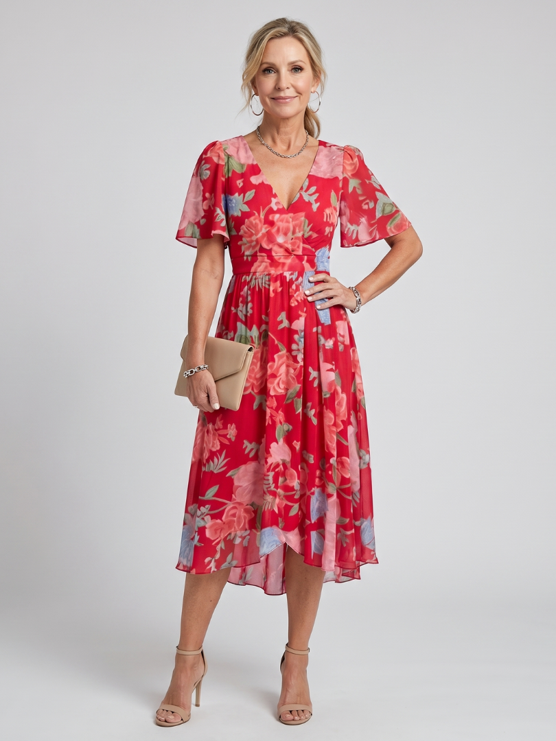Mirabel | Vestido midi con manga volante, cintura fruncida y estampado floral