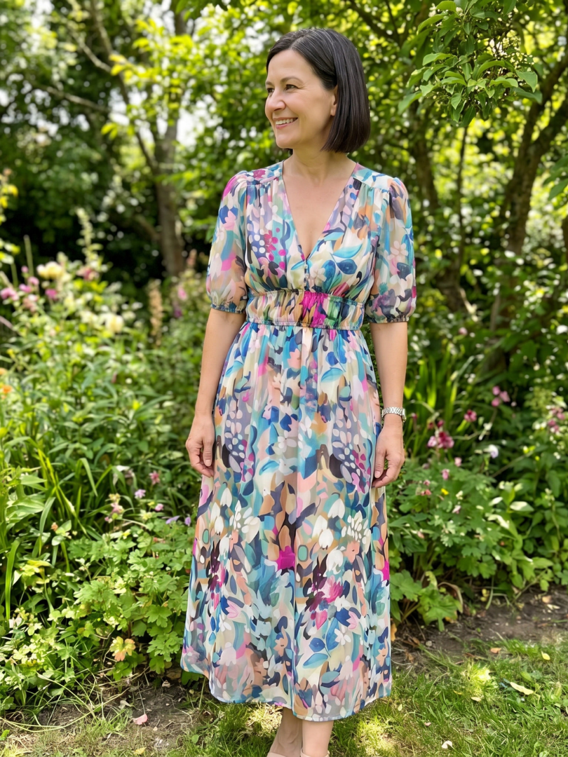 Candlia | Vestido midi estampado abstracto con mangas abullonadas y escote en V