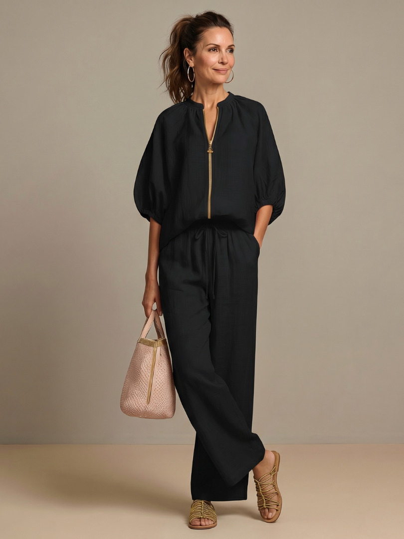 Natalia | Top blusón con cremallera frontal y conjunto de pantalón de pierna ancha