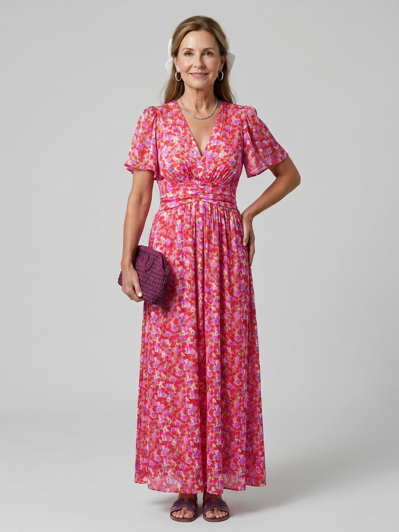 Juna | Vestido midi de manga corta con estampado floral diminuto