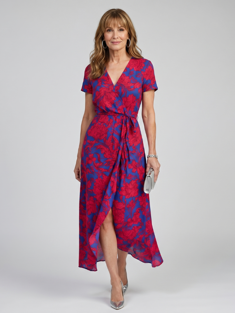 Priya | Vestido midi cruzado de manga corta con estampado floral
