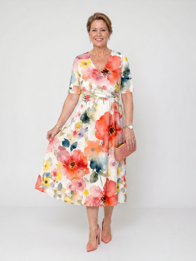Corinne | Vestido midi estampado floral de manga corta con escote en V