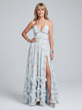 Alessia | Vestido maxi con escote haltero, estampado floral y tirantes de cuentas