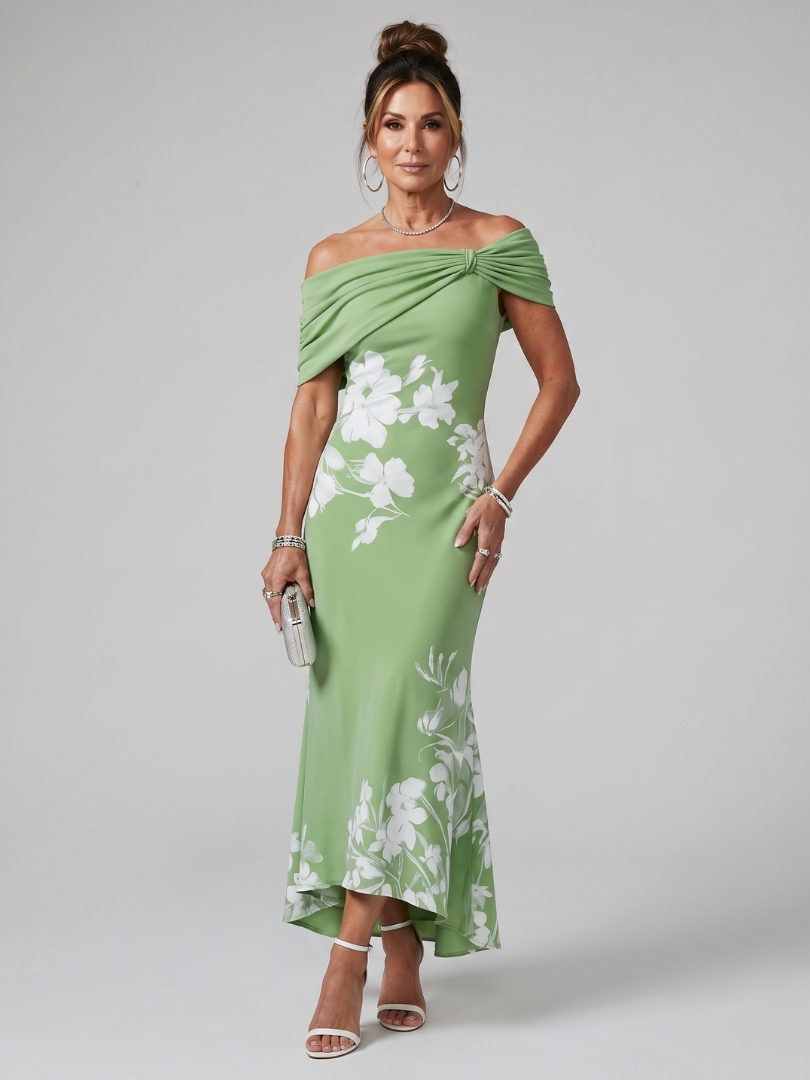 Cosma | Vestido midi de hombros al descubierto con escote drapeado