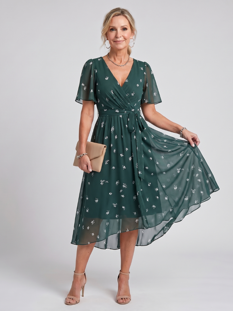Mirabel | Vestido midi con manga volante, cintura fruncida y estampado floral