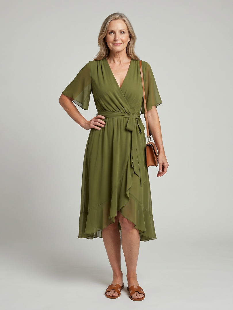 Keziah | Vestido midi envolvente de mangas cortas con dobladillo suave y fluido