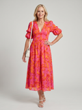 Zarelle | Vestido midi con manga abullonada y escote en V, estampado floral audaz