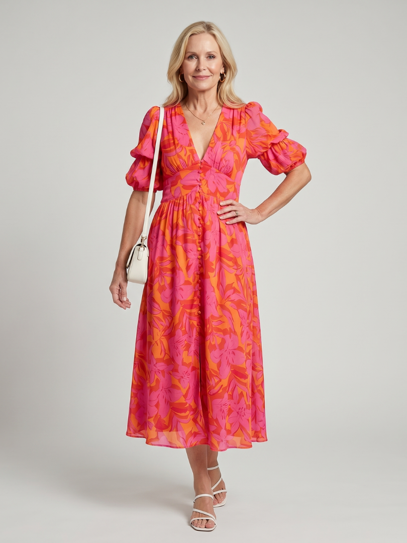 Zarelle | Vestido midi con manga abullonada y escote en V, estampado floral audaz