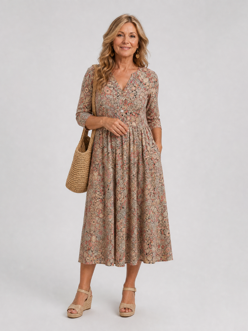 Picao | Vestido midi vintage con manga 3/4 y detalle frontal