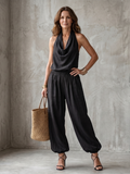 Yvaine | Conjunto de top fluido con cuello drapeado y pantalones de pierna ancha