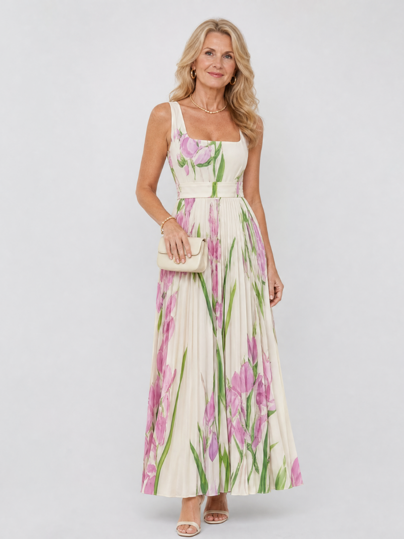 Vimele | Vestido midi plisado sin mangas con escote cuadrado