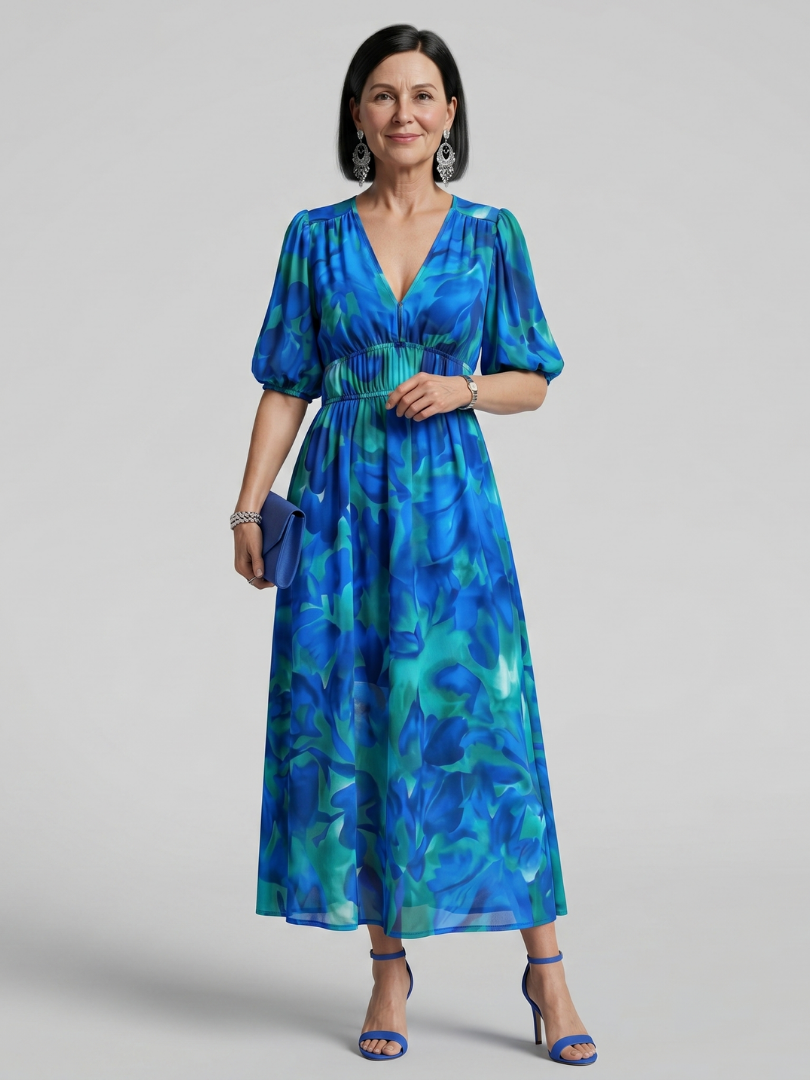 Candlia | Vestido midi estampado abstracto con mangas abullonadas y escote en V