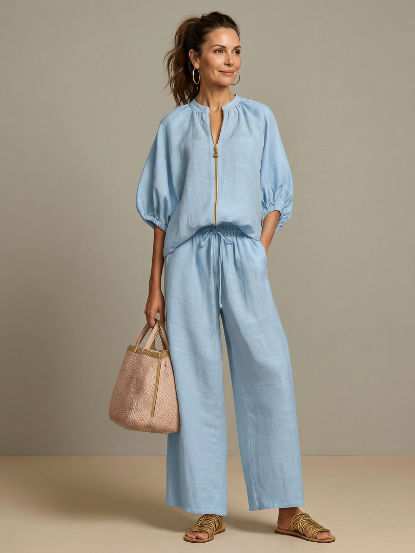 Natalia | Top blusón con cremallera frontal y conjunto de pantalón de pierna ancha