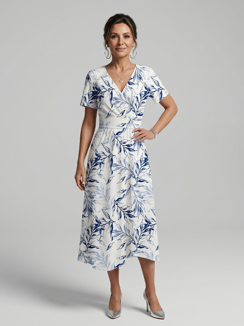 Kael | Vestido midi con escote en V y estampado botánico suave