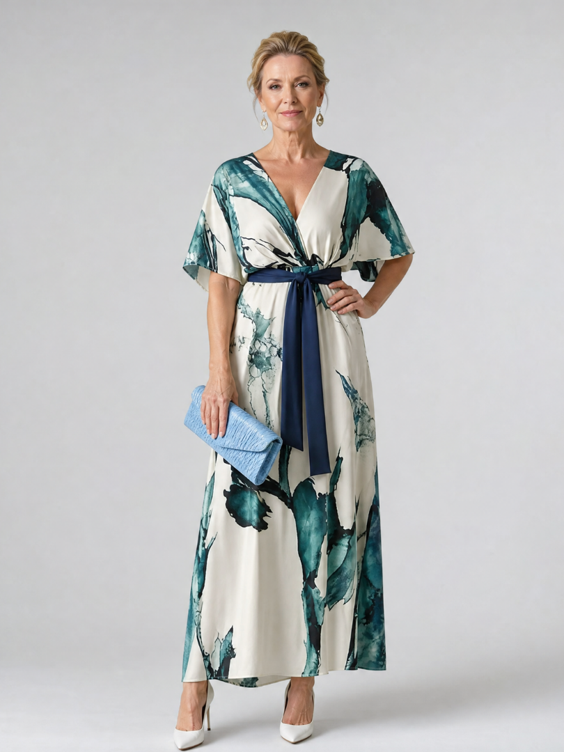 Moglos | Vestido maxi con cinturón y estampado abstracto, mangas tipo mariposa