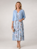 Celeste | Vestido midi con chaqueta corta sin mangas de estampado floral
