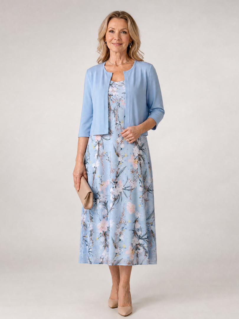 Celeste | Vestido midi con chaqueta corta sin mangas de estampado floral
