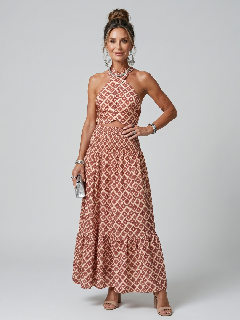 Amira | Vestido midi con recortes y cuello halter cruzado de estampado geométrico