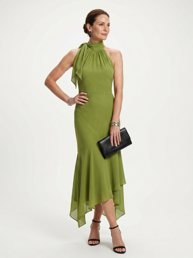 Winifred | Vestido midi drapeado con cuello halter y escote con recorte