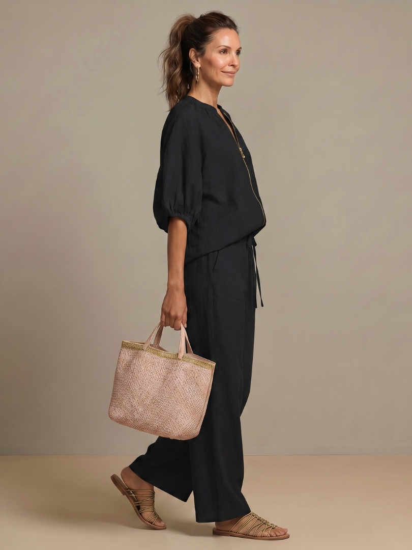 Natalia | Top blusón con cremallera frontal y conjunto de pantalón de pierna ancha