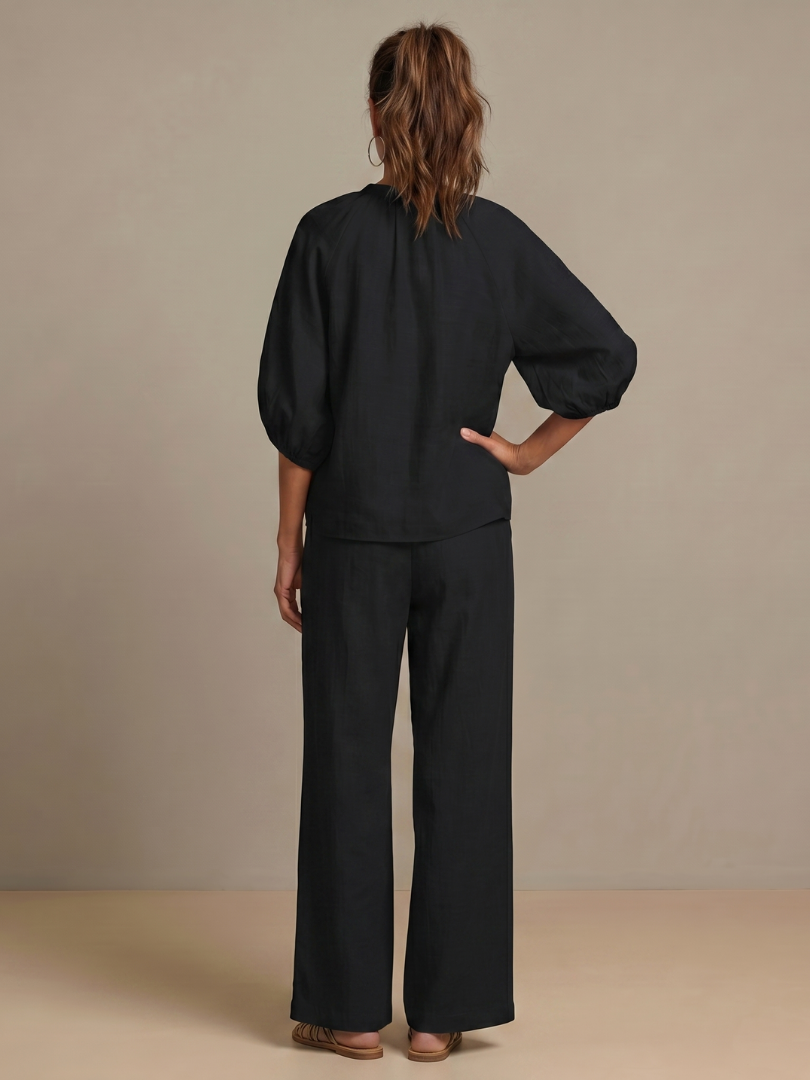 Natalia | Top blusón con cremallera frontal y conjunto de pantalón de pierna ancha