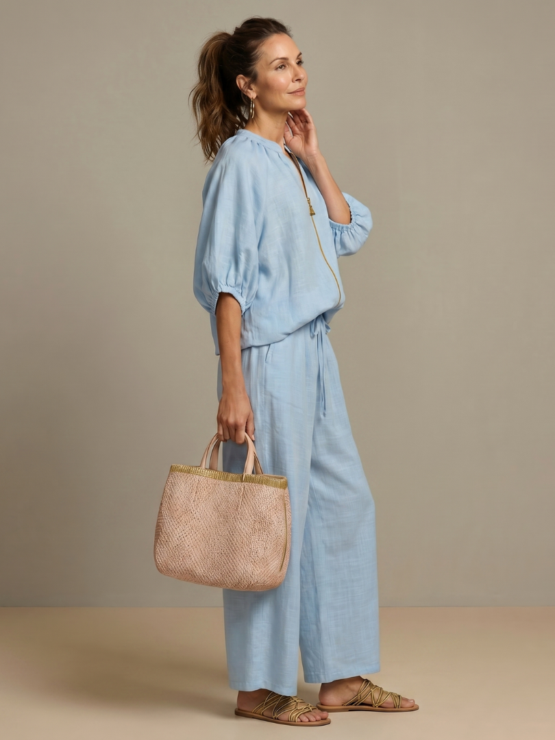 Natalia | Top blusón con cremallera frontal y conjunto de pantalón de pierna ancha