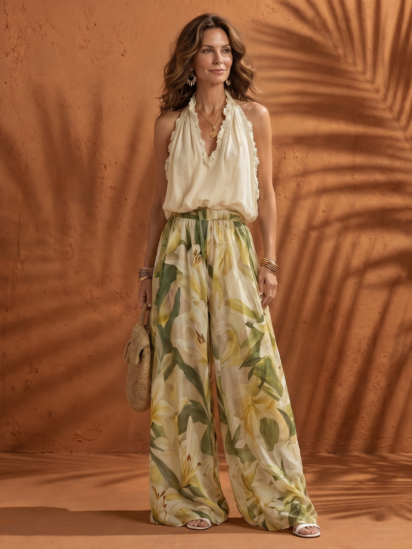 Solange | Blusa de cuello halter floral y pantalón de pierna ancha