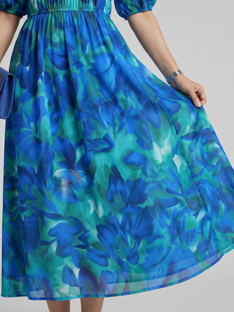 Candlia | Vestido midi estampado abstracto con mangas abullonadas y escote en V
