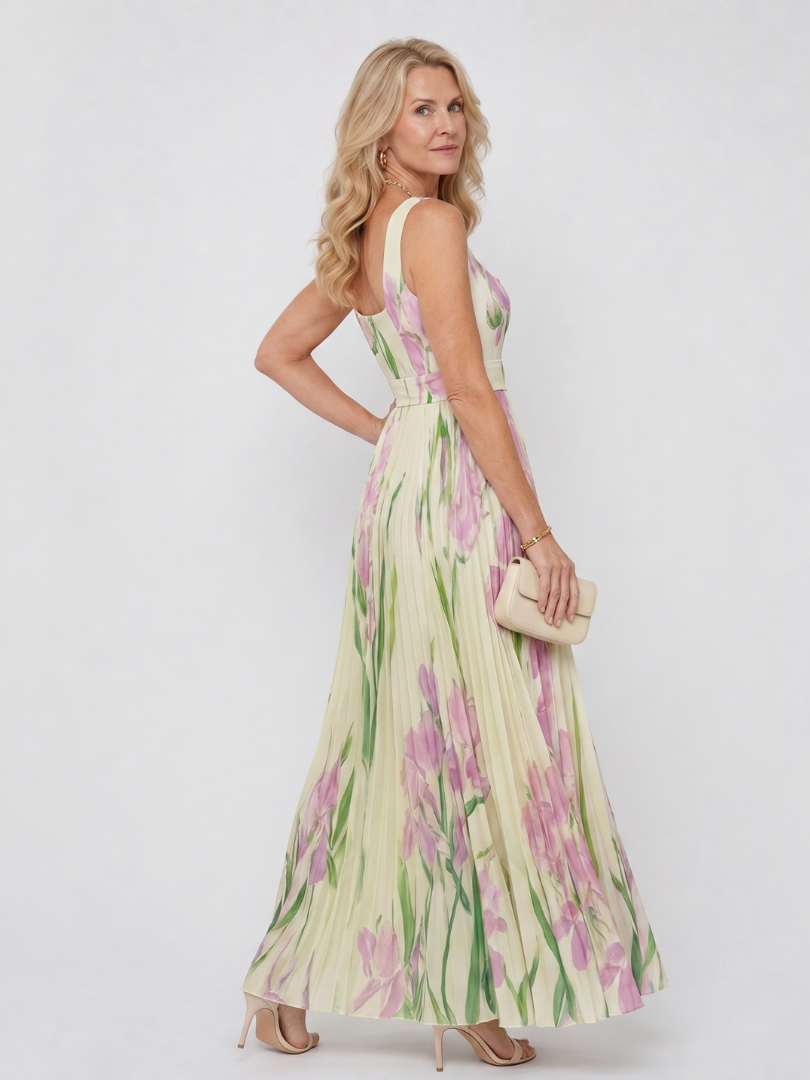 Vimele | Vestido midi plisado sin mangas con escote cuadrado