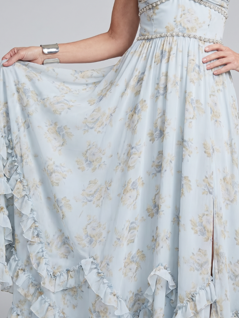 Alessia | Vestido maxi con escote haltero, estampado floral y tirantes de cuentas
