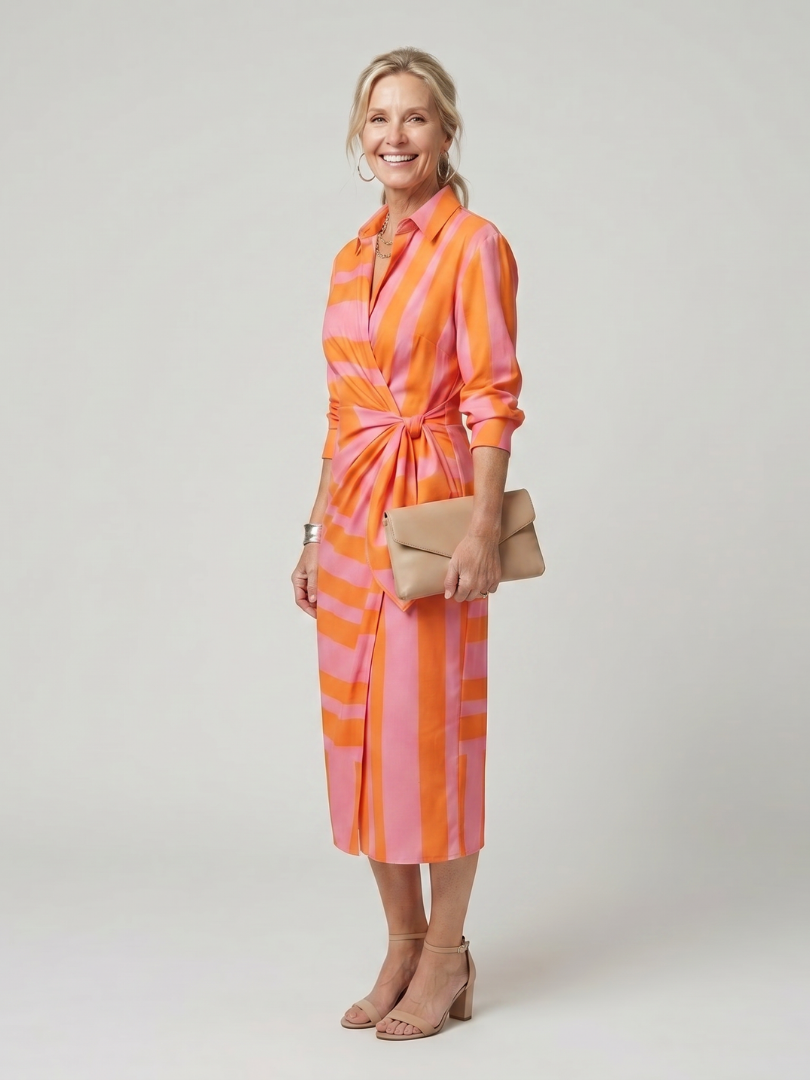 Leya | Vestido midi cruzado de manga larga con cuello y patrón de rayas