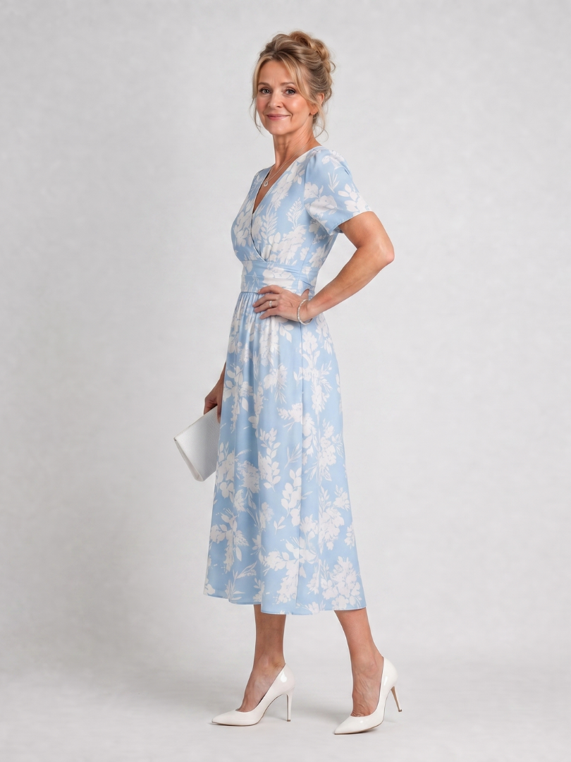Marion | Vestido midi de manga corta con escote en V y estampado floral