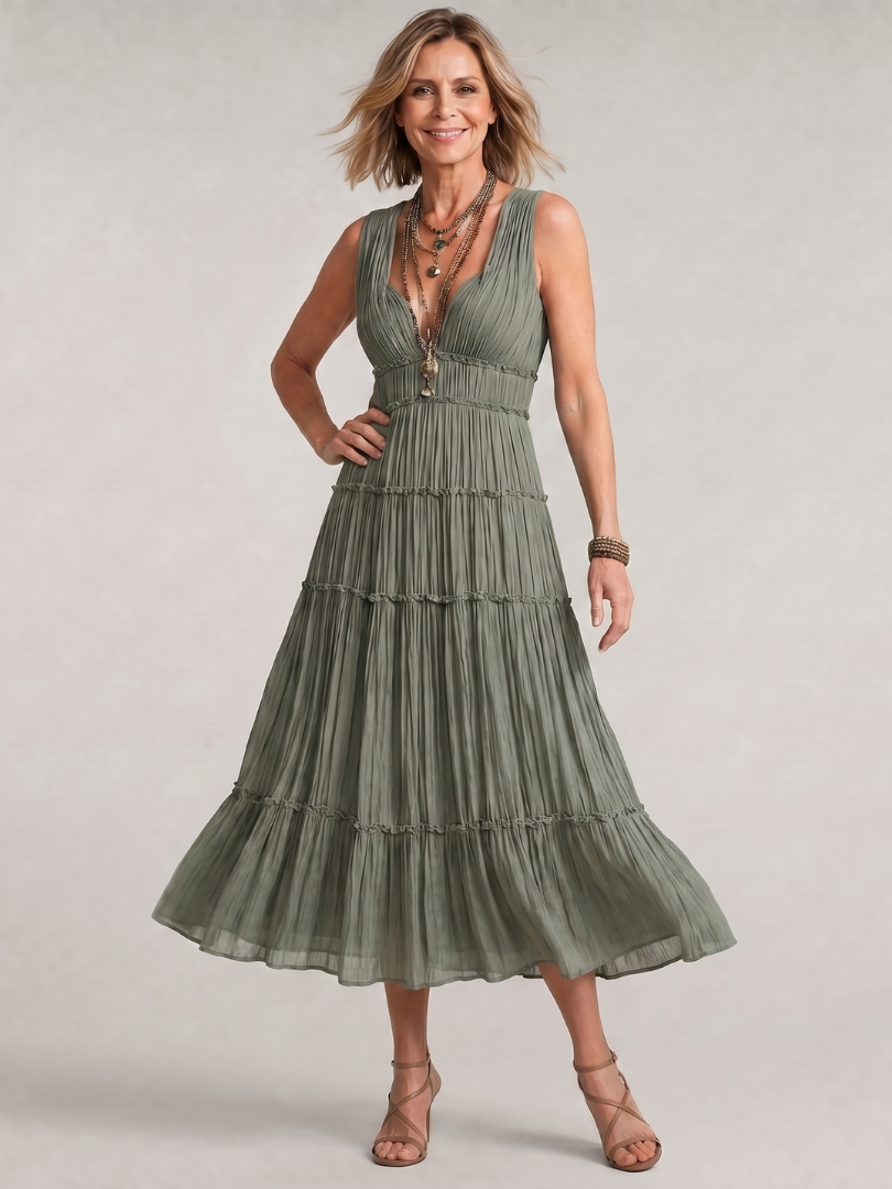 Somala | Vestido midi plisado sin mangas con escote en V y en capas