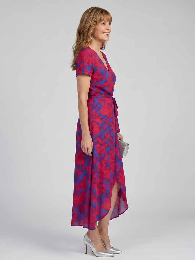 Priya | Vestido midi cruzado de manga corta con estampado floral