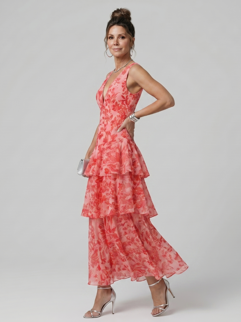 Gala | Vestido midi sin mangas con escote en V profundo y estampado pictórico