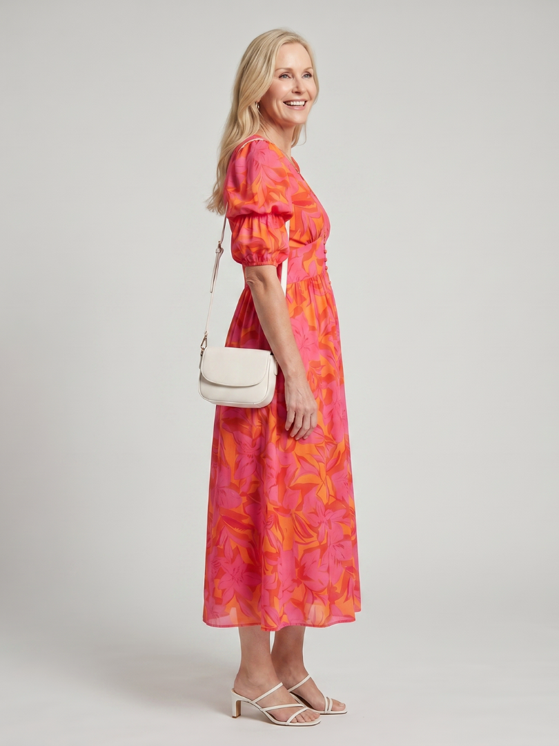Zarelle | Vestido midi con manga abullonada y escote en V, estampado floral audaz