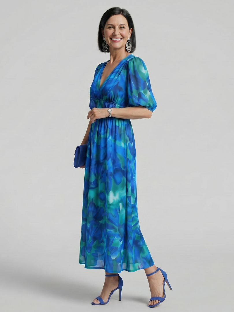 Candlia | Vestido midi estampado abstracto con mangas abullonadas y escote en V