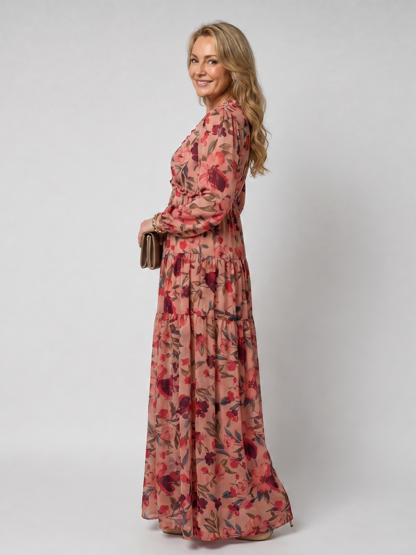 Camelo | Vestido maxi de manga larga con estampado floral en capas