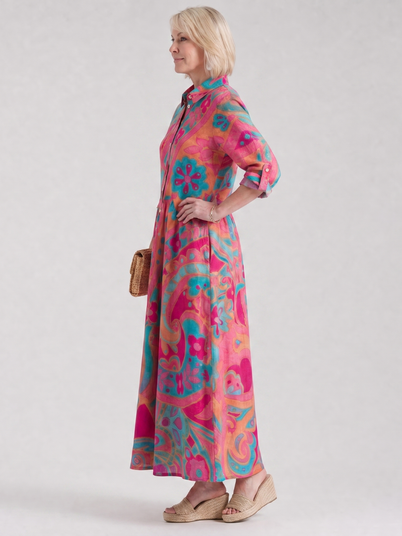 Klera | Vestido midi estampado con cuello y botones delanteros