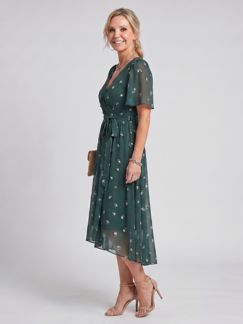 Mirabel | Vestido midi con manga volante, cintura fruncida y estampado floral